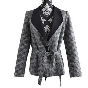 WHBM Women's White/Black Tweed Blazer With Tie Belt - Size 10